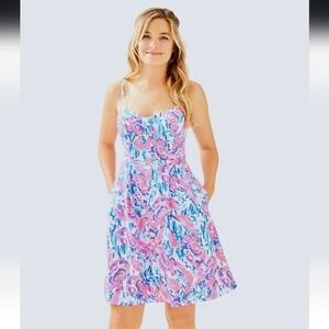NWT Lilly Pulitzer Easton Dress Bright Coral Blue Bustier Sweetheart A-line